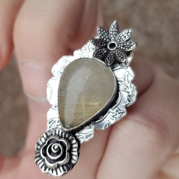 New Golden Rutile Carved 925 Silver Ring. - Picture 6 of 16